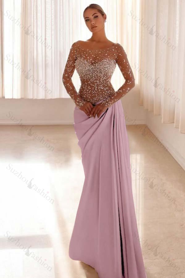 Jewel Neck Long Sleeves Long Mermaid Evening Formal Dress With Pleated