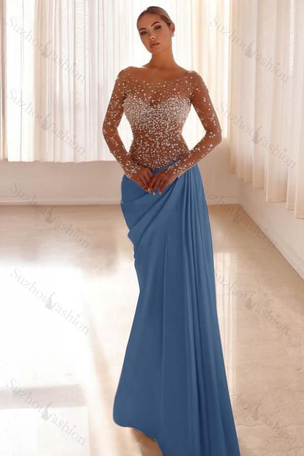 Jewel Neck Long Sleeves Long Mermaid Evening Formal Dress With Pleated