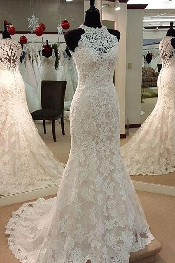 Jewel Neck  Mermaid Lace Applique Sleeveless Wedding Dresses (ZD15454)