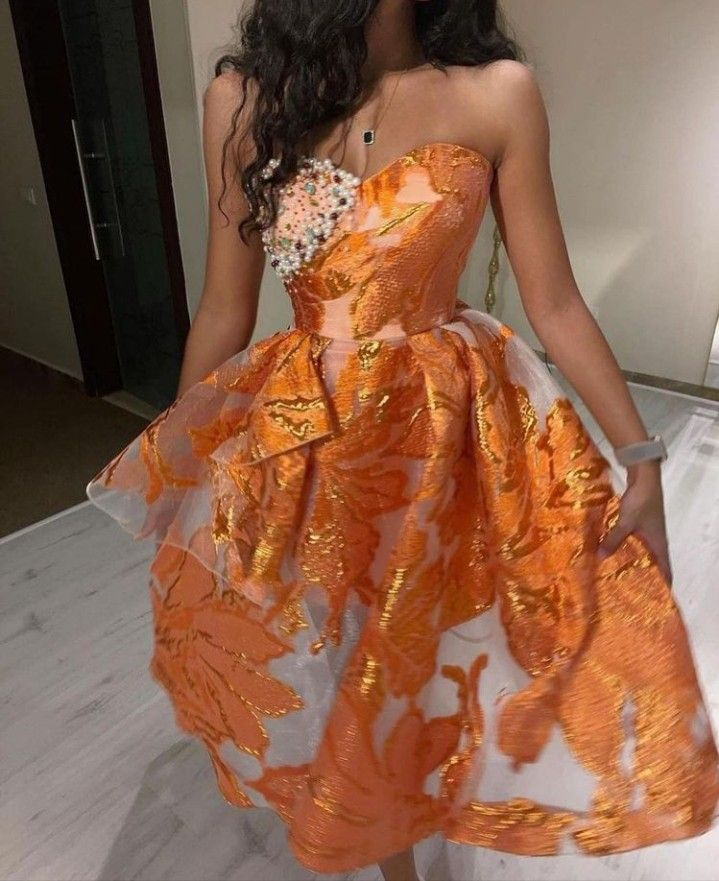 Luxurious Orange Tulle Print Floral Homecoming Dress Strapless Pearls Short Prom Dress - View 2 | VelvetHem