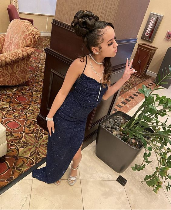 Navy Blue Sequin Long Prom Dresses Sheath Evening Dress Y7451 - VelvetHem