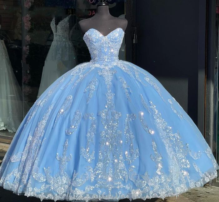 Pretty Blue Strapless Tulle Appliques Quinceanera Dress Sweet 16 Ball Gown - VelvetHem
