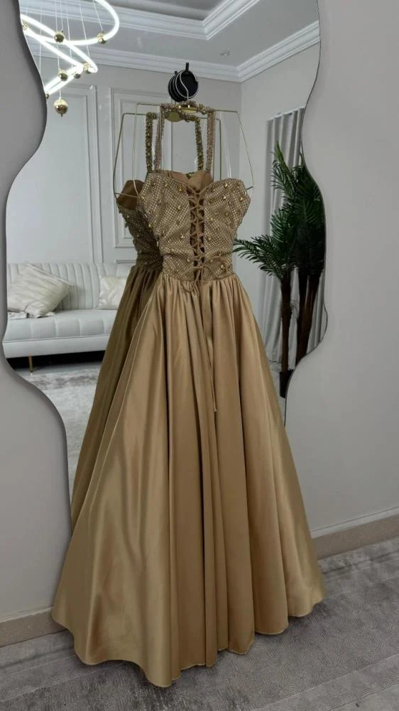 Luxurious Halter Satin Beaded Long Evening Dress Formal Birthday Party Dress - View 10 | VelvetHem