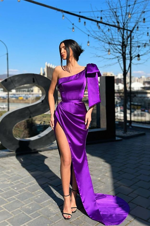 Purple One Shoulder Long Prom Dress With Slit