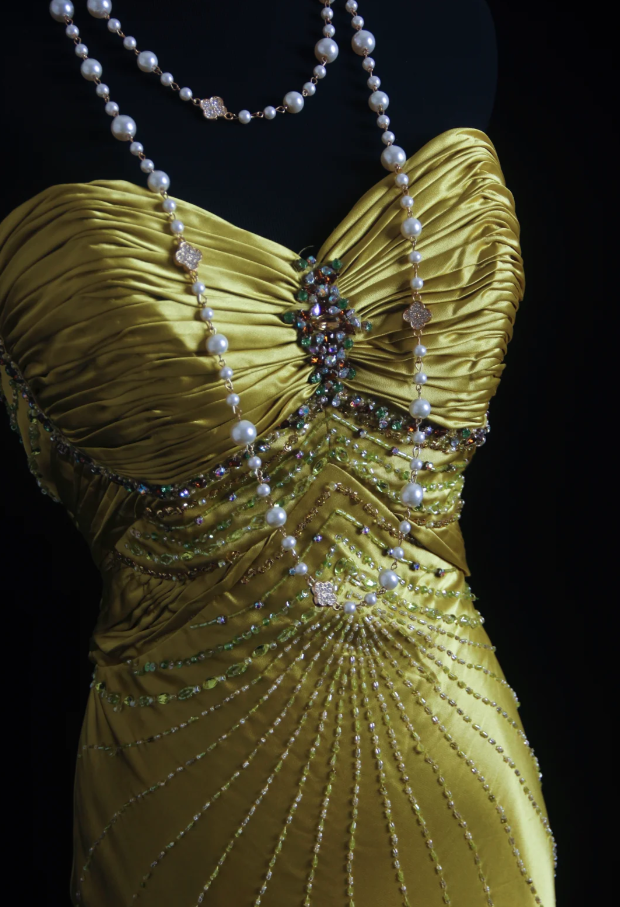 Stylish Strapless Gold Satin Pleated Beaded Mermaid Long Birthday Party Dress Evening Dress - View 3 | VelvetHem