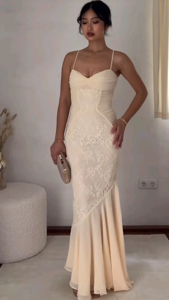 Charming Spaghetti Straps Lace Chiffon Mermaid Prom Dress Formal Evening Dress - VelvetHem