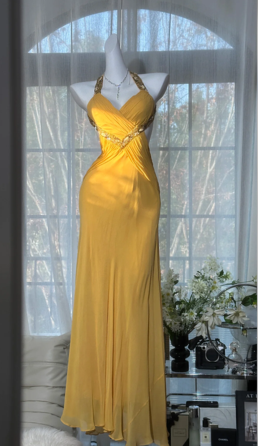 Pretty Lemon Yellow Halter Beaded Mermaid Backless Long Evening Dress Party Dress