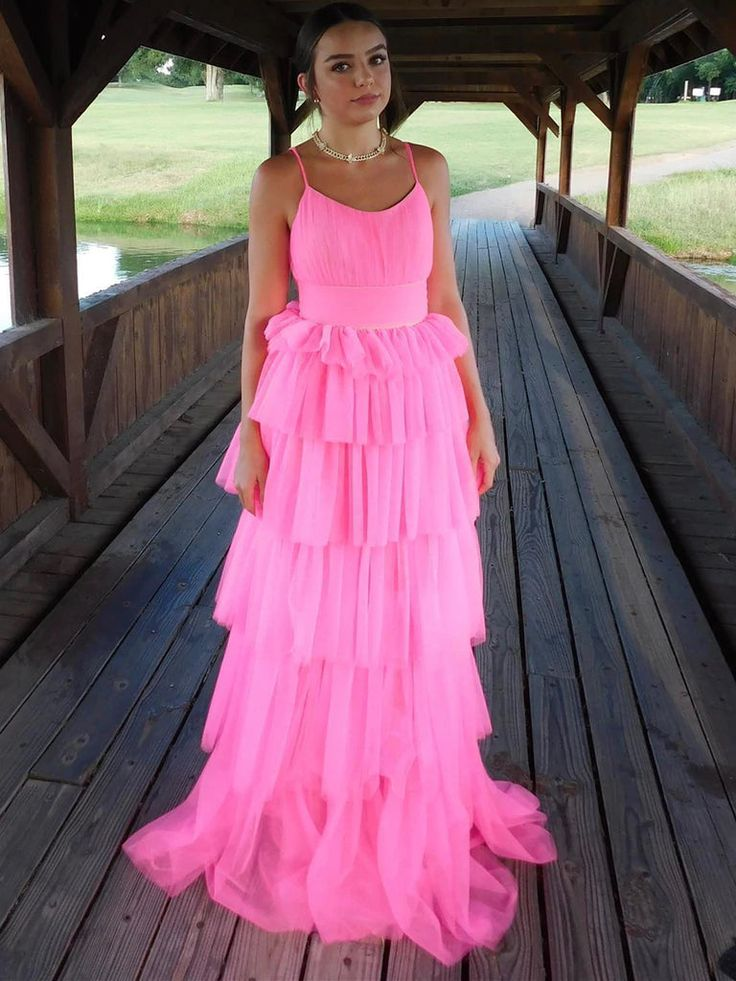 Fashion Open Back Layered Pink Long Prom Dresses Pink Formal Graduation Evening Dresses Y4954 - VelvetHem