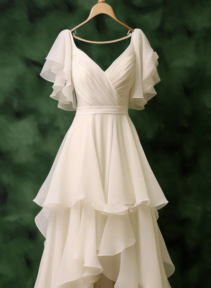 Pretty Chiffon V Neck Layered Prom Dress Elegant Long Wedding Dress - View 2 | VelvetHem