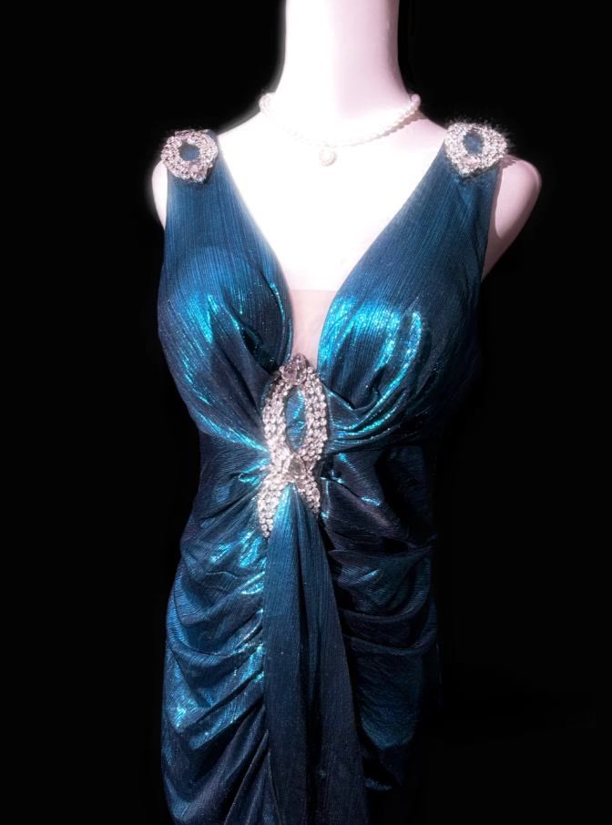 Charming V Neck Blue Satin Beaded Mermaid Evening Dress Long Party Dress - View 2 | VelvetHem