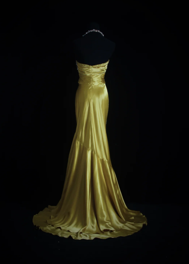 Stylish Strapless Gold Satin Pleated Beaded Mermaid Long Birthday Party Dress Evening Dress - View 4 | VelvetHem