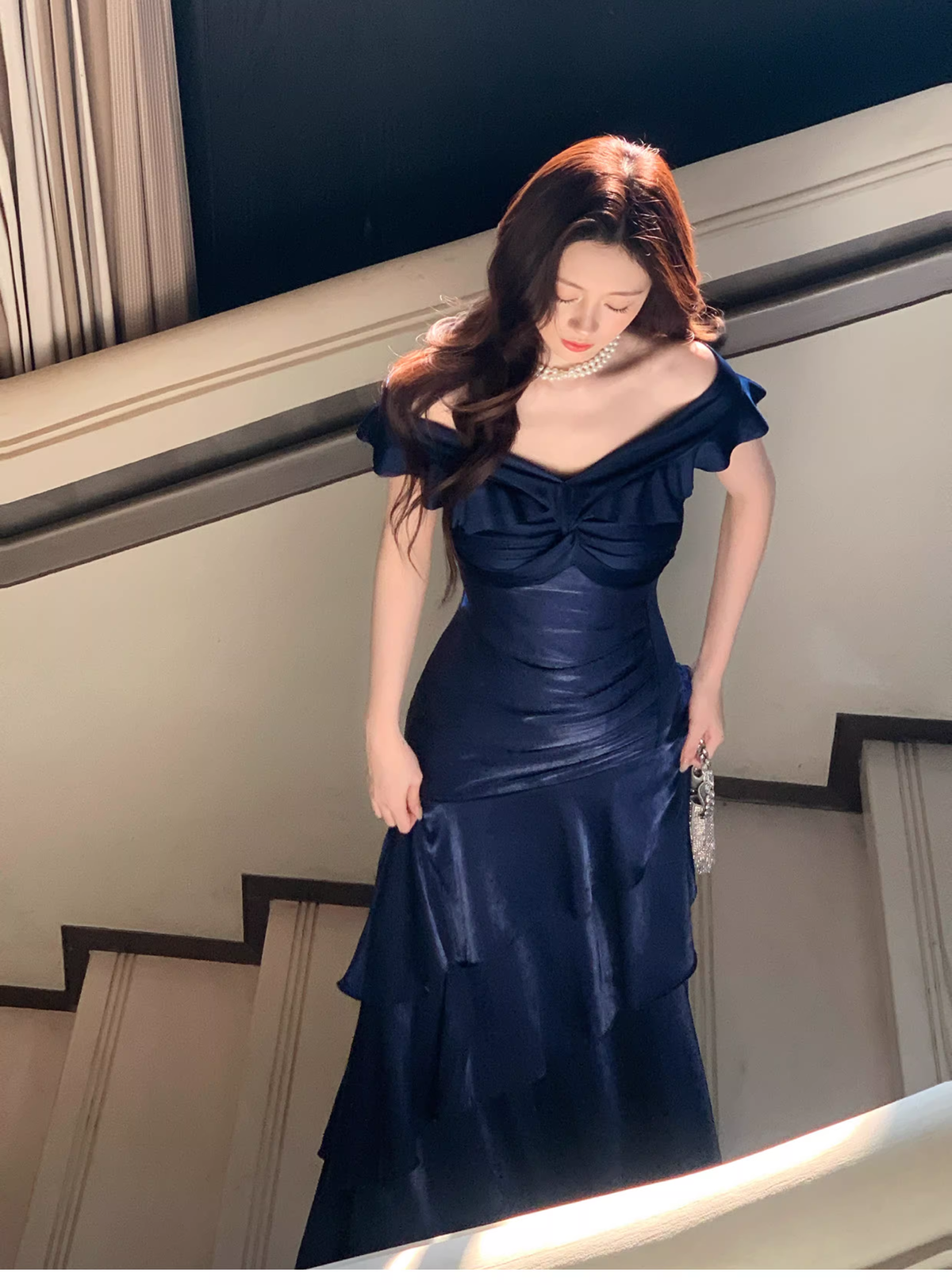 Stylish Navy Blue Off The Shoulder Satin Layered Ruffles Mermaid Long Evening Dress Prom Gown - View 4 | VelvetHem