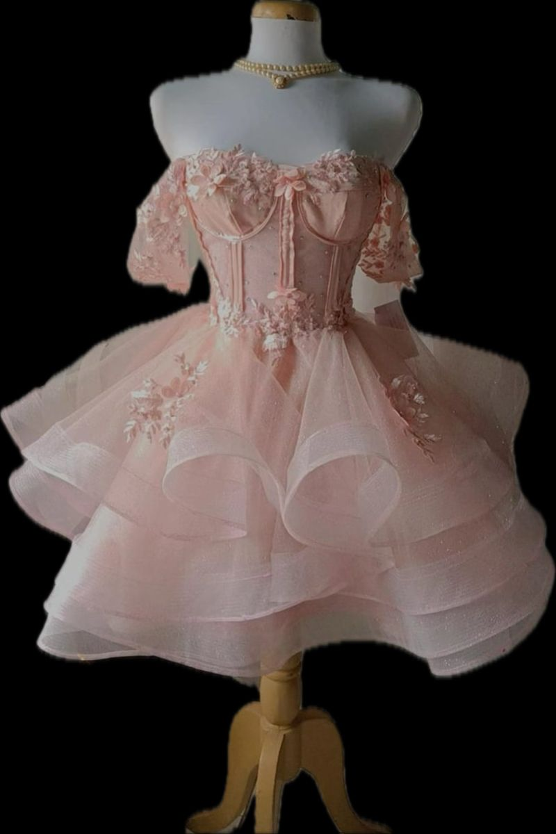 Cute Off The Shoulder Pink Tulle Appliques 18th Birthday Dress A Line Short Prom Dress Homecoming Dress