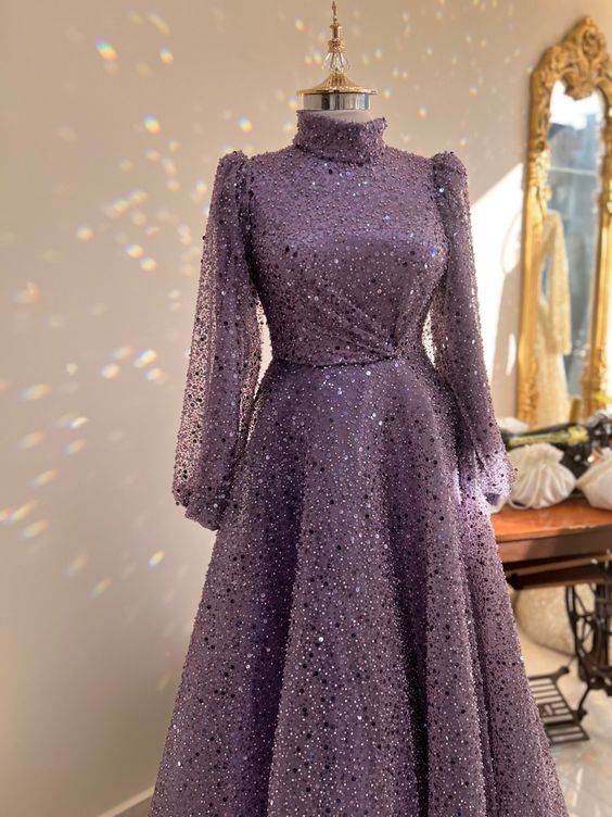 Luxurious Glitter A-line Long Sleeves Evening Dress Y5810 - VelvetHem