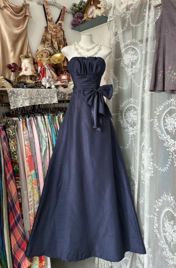 Elegant Navy Blue Strapless Satin Bow A Line Long Wedding Guest Dress Party Dress - View 4 | VelvetHem