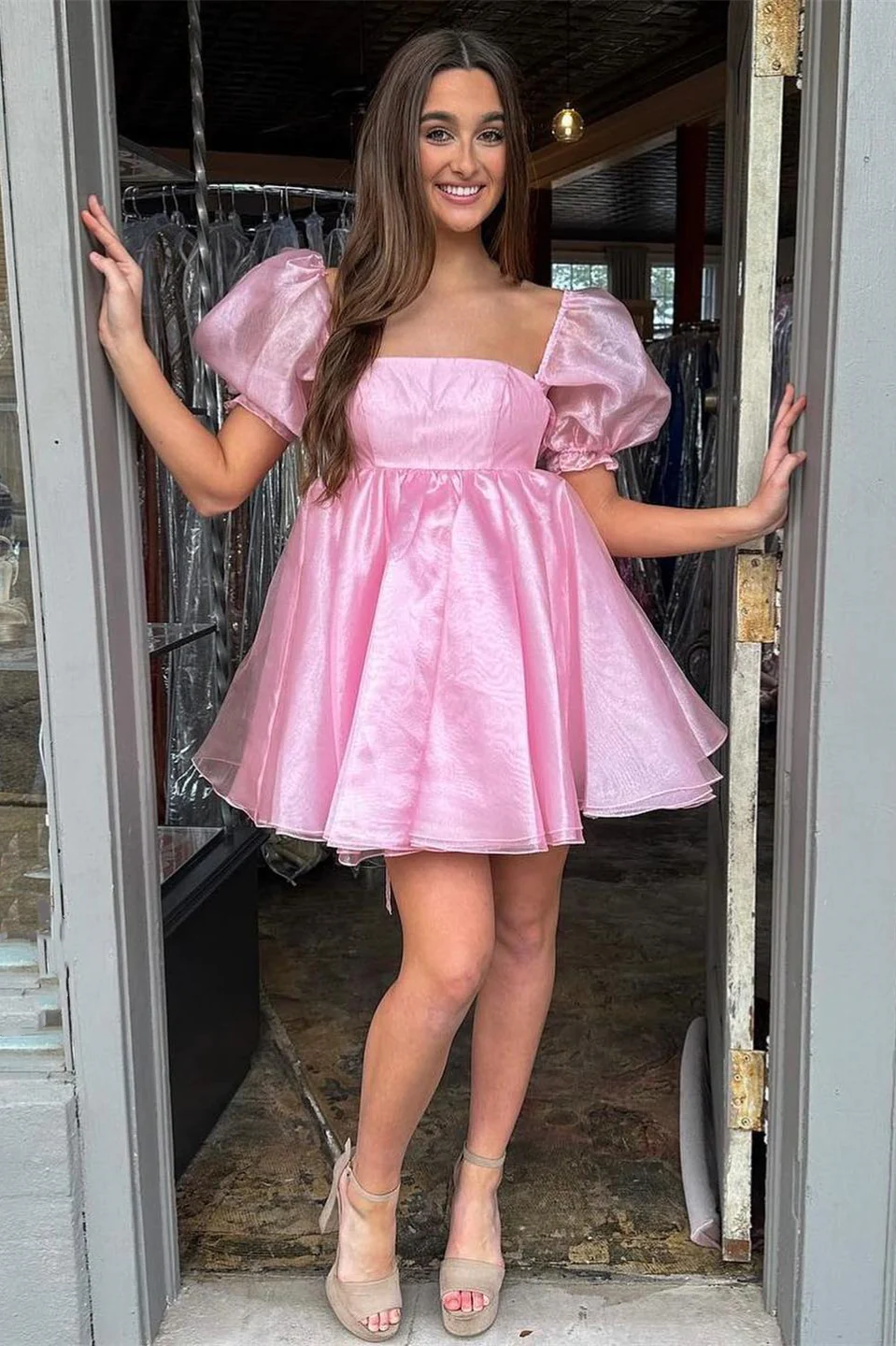 Pink Square Neck Balloon Sleeves A-Line Homecoming Dress Y2434 - VelvetHem