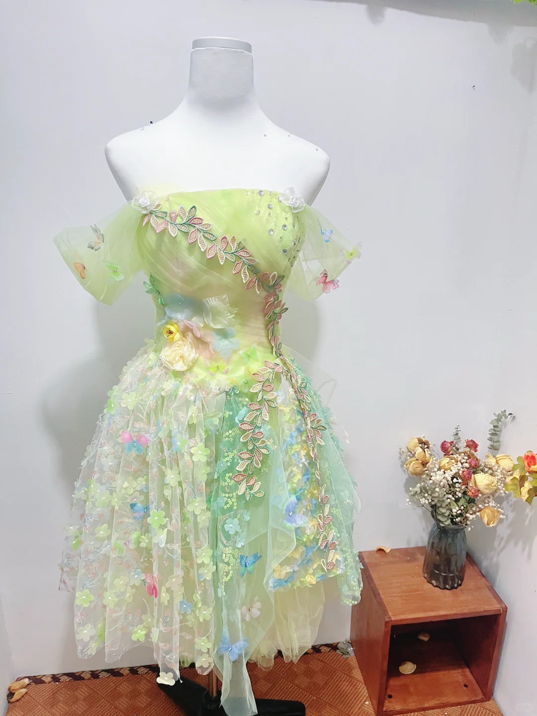 Pretty Off The Shoulder Green Tulle Appliques Short Birthday Outfits Formal Homecoming Dress - VelvetHem
