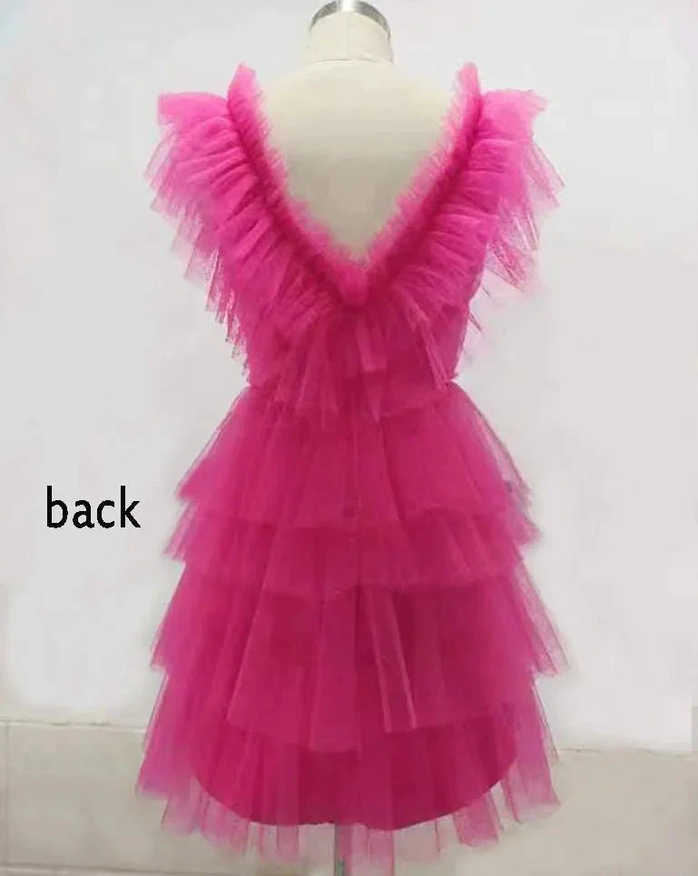 A Line V Neck Tiered Homecoming Dress Tulle Short Prom Party Dresses (ZD12405)