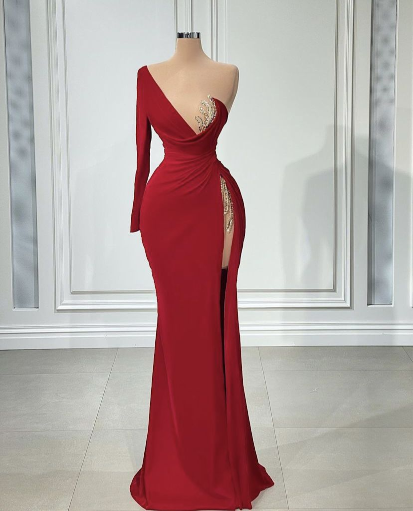 Red One Shoulder Long Sleeve Evening Dress Women High Split Dubai Prom Dresses Wedding Guest Party Gowns - VelvetHem