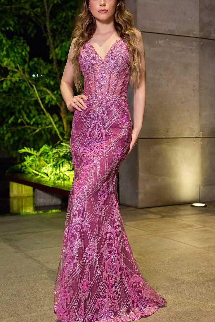 Gorgeous Spaghetti Straps Purple Tulle Lace Beaded Mermaid Party Dress Long Wedding Guest Dress - View 3 | VelvetHem