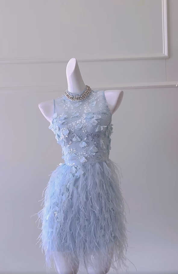 Cute Sky Blue Sleeveless Sequin Feathers Sheath Homecoming Dress Birthday Outfits - VelvetHem