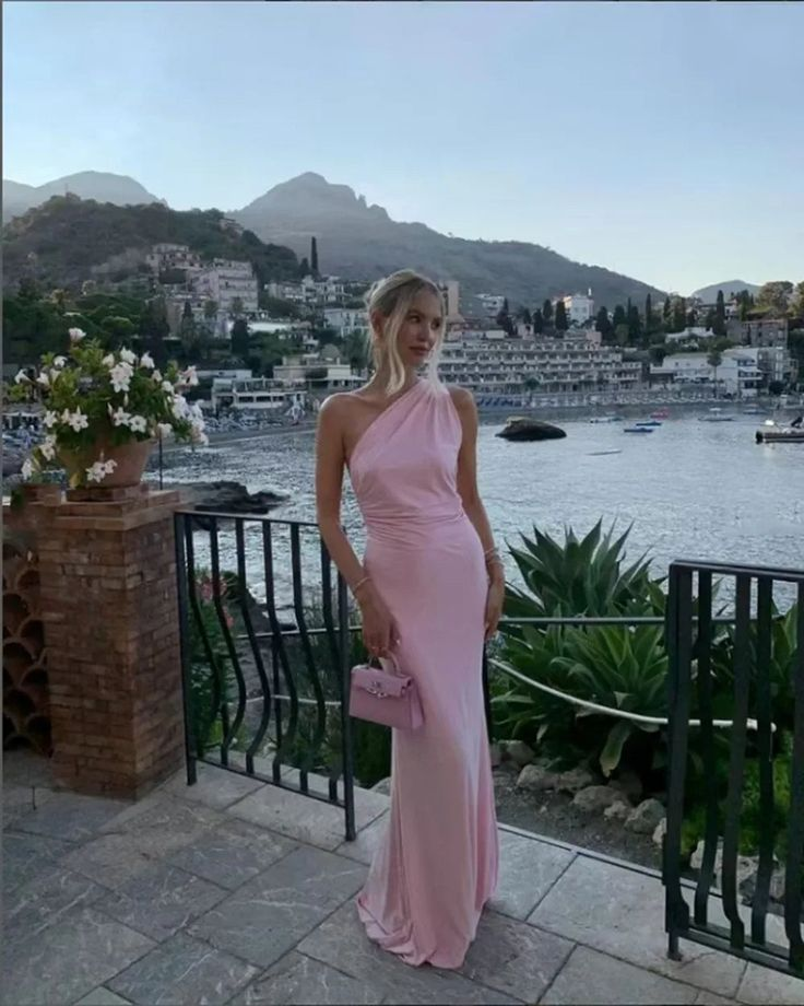 Fashion One Shoulder Pink Backless Party Evening Dress Sheath Prom Dress - View 2 | VelvetHem