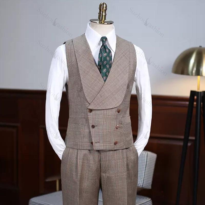 Khaki Plaid Notched Lapel Three Piece Prom Suit