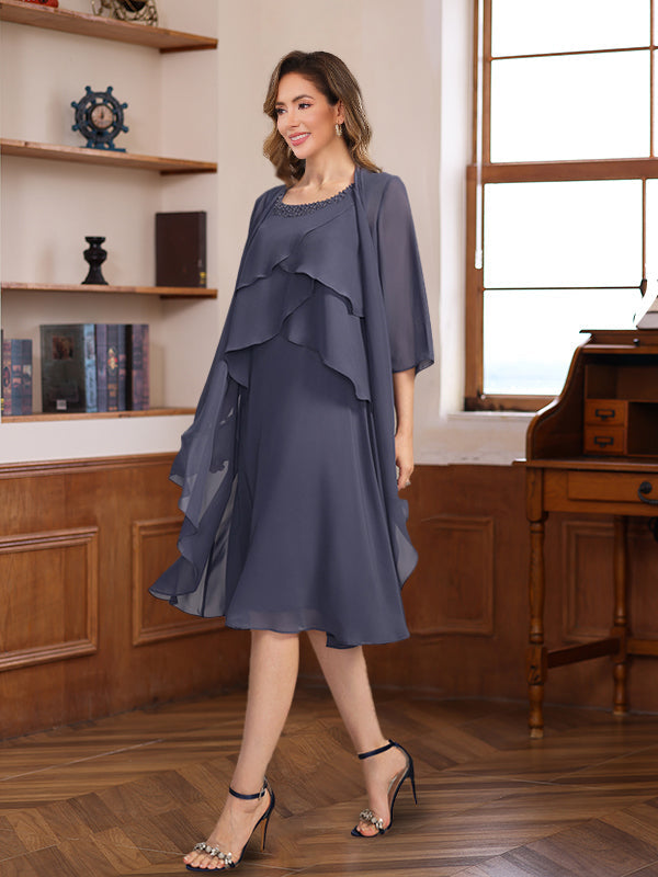 Knee Length A Line Scoop Mother of the Bride & Groom Dress with Beaded Jacket and Ruffles