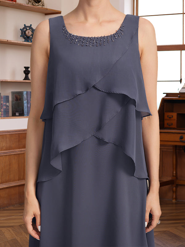 Knee Length A Line Scoop Mother of the Bride & Groom Dress with Beaded Jacket and Ruffles