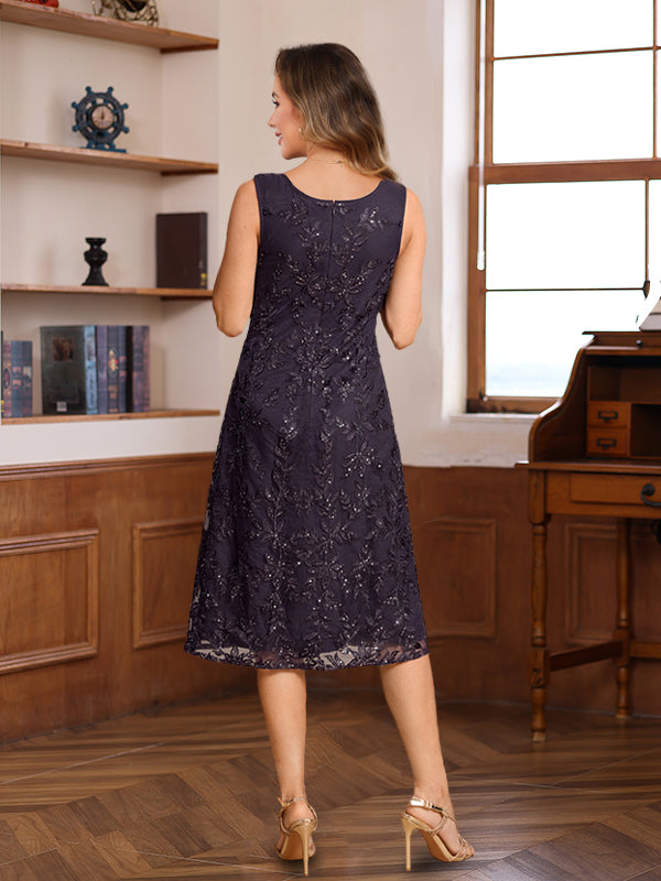 Knee Length A Line Mother of the Bride & Groom Dress with Scoop Neck Jacket Lace Appliques and Sequins