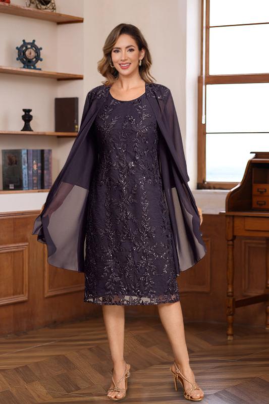 Knee Length A Line Mother of the Bride & Groom Dress with Scoop Neck Jacket Lace Appliques and Sequins