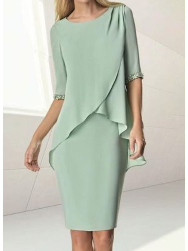 Knee Length Beaded Sheath Dress with Ruching for the Mother of the Bride