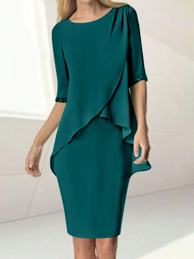 Knee Length Beaded Sheath Dress with Ruching for the Mother of the Bride