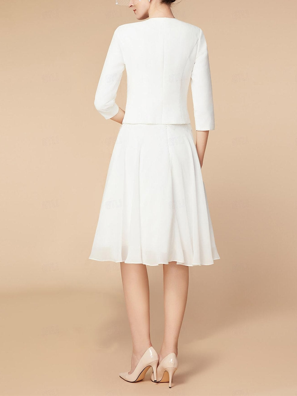 Knee Length Mother of the Bride A Line Dress with 3/4 Sleeves and Wraps
