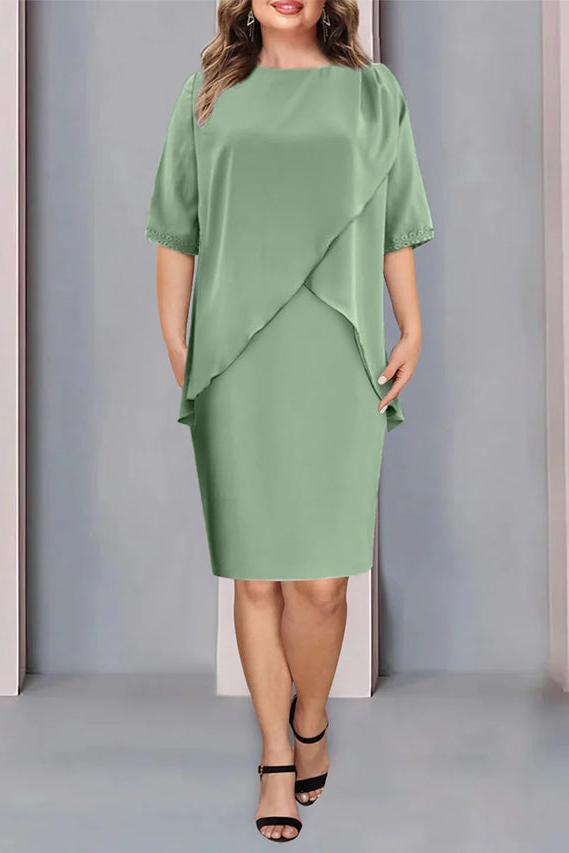 Knee Length Plus Size Beaded and Ruched Mother of the Bride Column Jewel Neck Dress