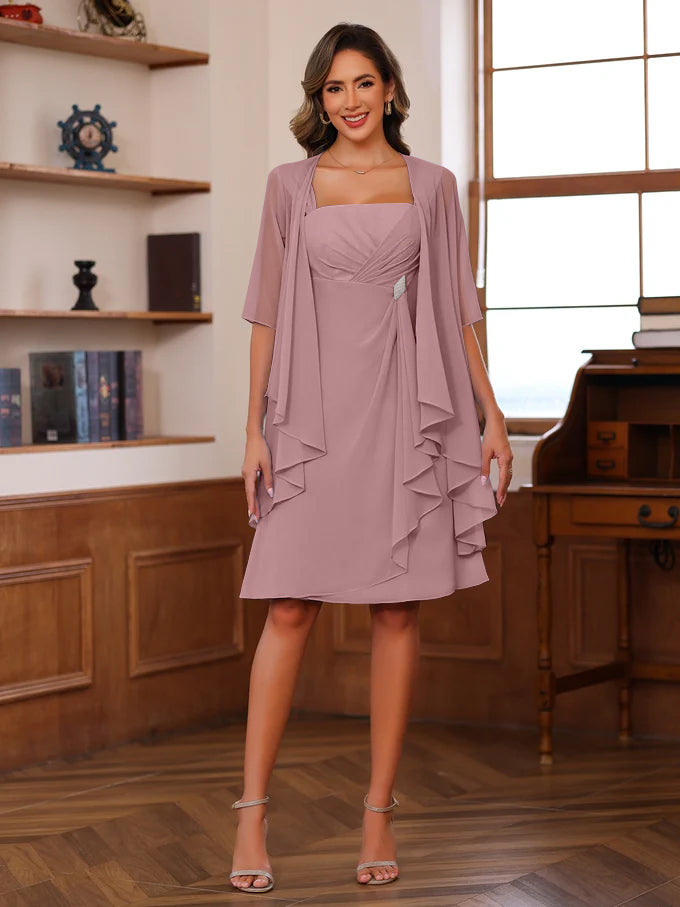 Knee Length Square Neck A Line Mother of the Bride Dress With Ruffles and Jacket