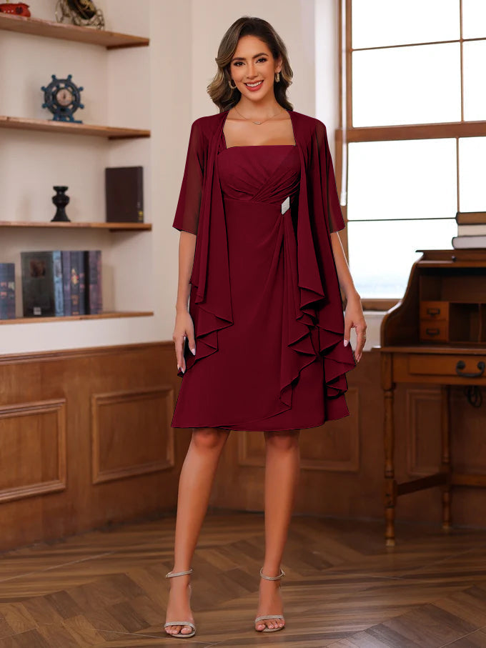 Knee Length Square Neck A Line Mother of the Bride Dress With Ruffles and Jacket