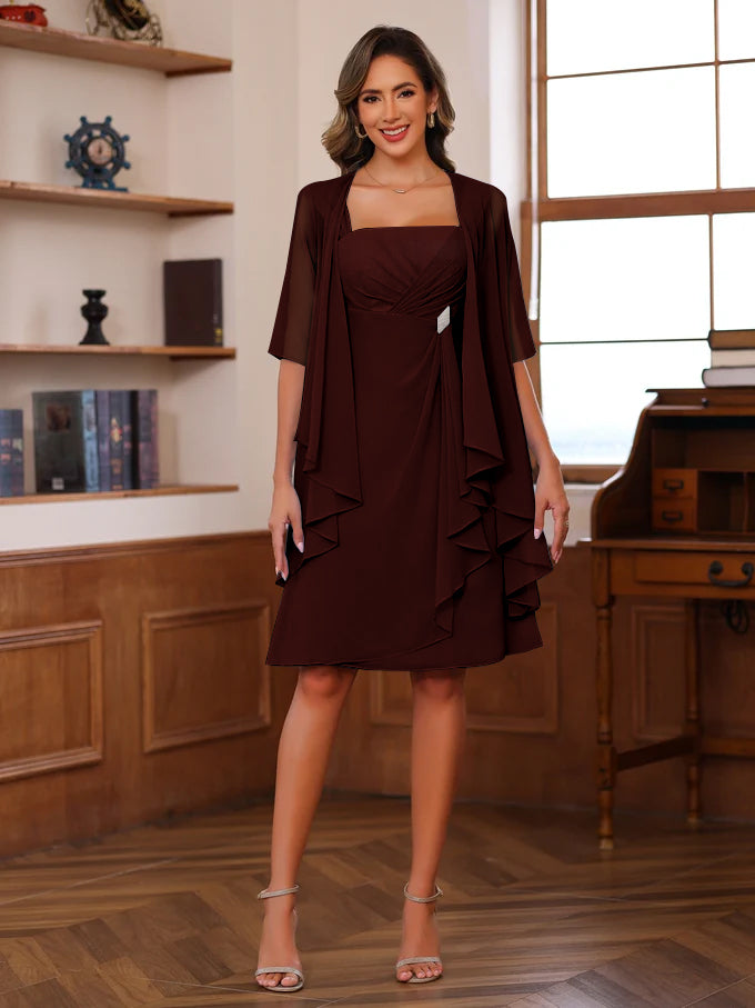 Knee Length Square Neck A Line Mother of the Bride Dress With Ruffles and Jacket