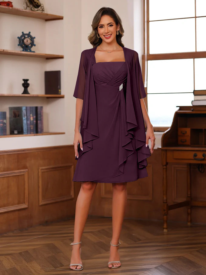Knee Length Square Neck A Line Mother of the Bride Dress With Ruffles and Jacket