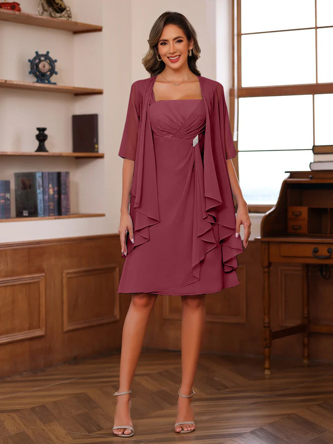 Knee Length Square Neck A Line Mother of the Bride Dress With Ruffles and Jacket
