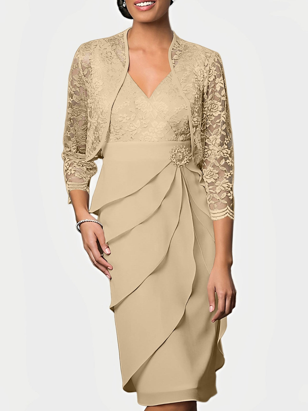 Knee Length V Neck Sheath Mother of the Bride Column Dress