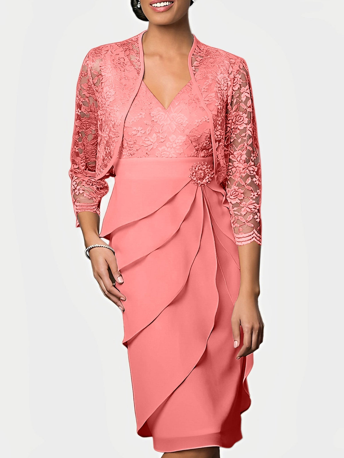 Knee Length V Neck Sheath Mother of the Bride Column Dress