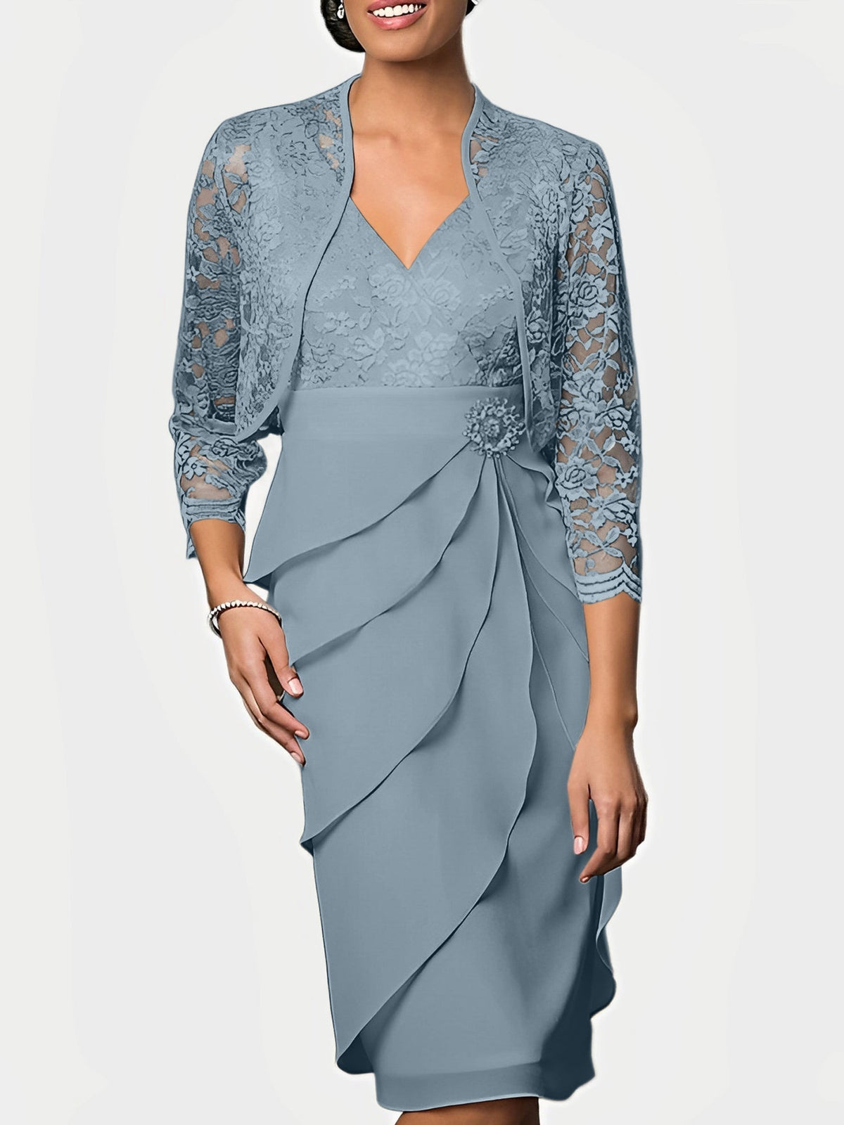 Knee Length V Neck Sheath Mother of the Bride Column Dress