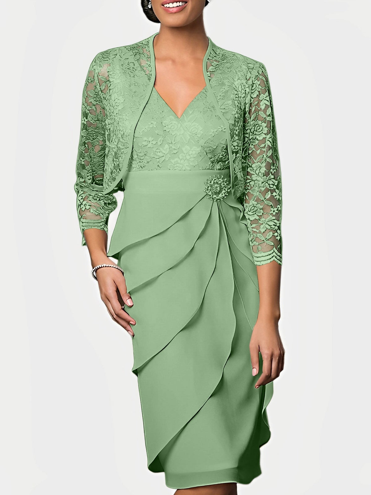 Knee Length V Neck Sheath Mother of the Bride Column Dress