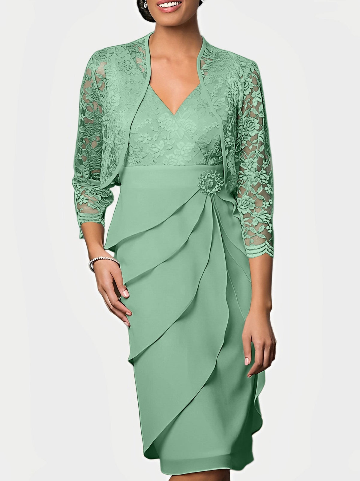 Knee Length V Neck Sheath Mother of the Bride Column Dress