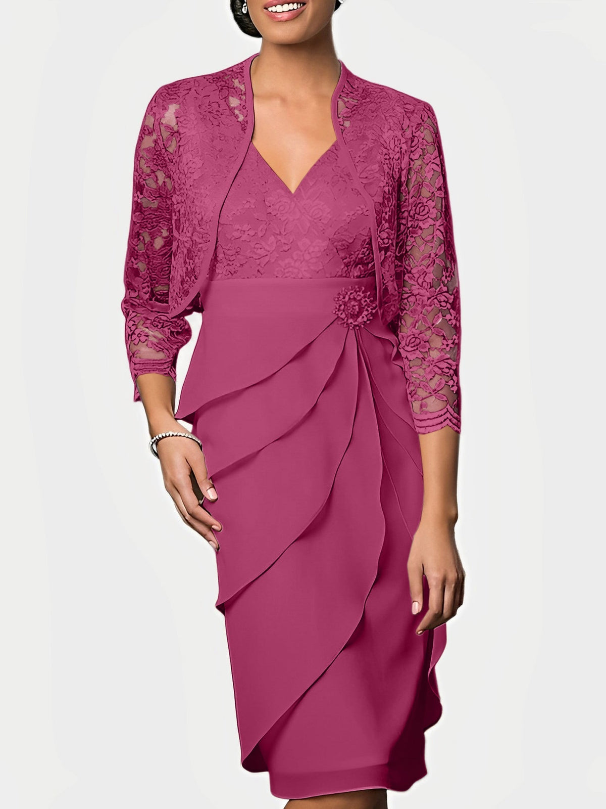 Knee Length V Neck Sheath Mother of the Bride Column Dress