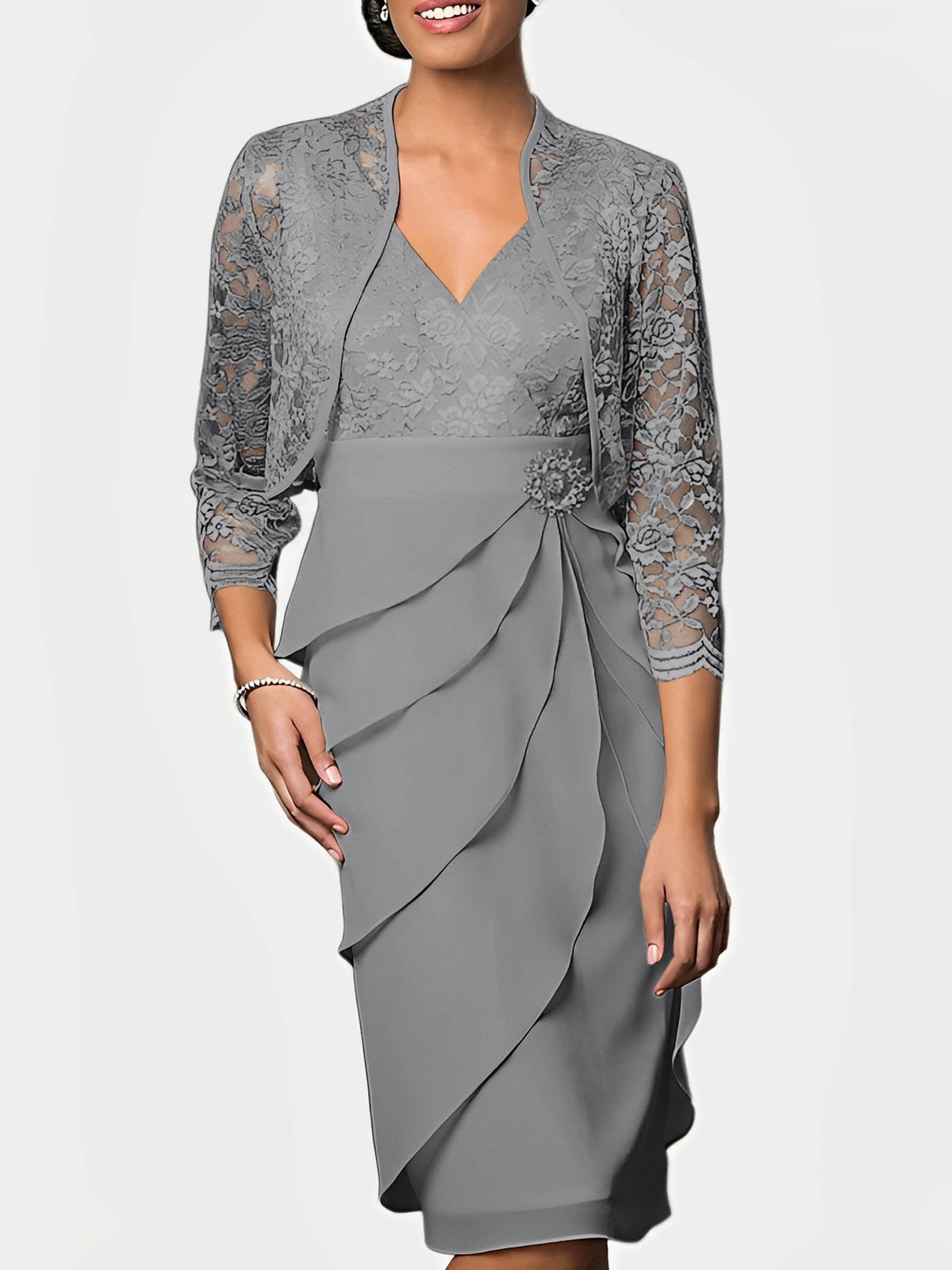 Knee Length V Neck Sheath Mother of the Bride Column Dress
