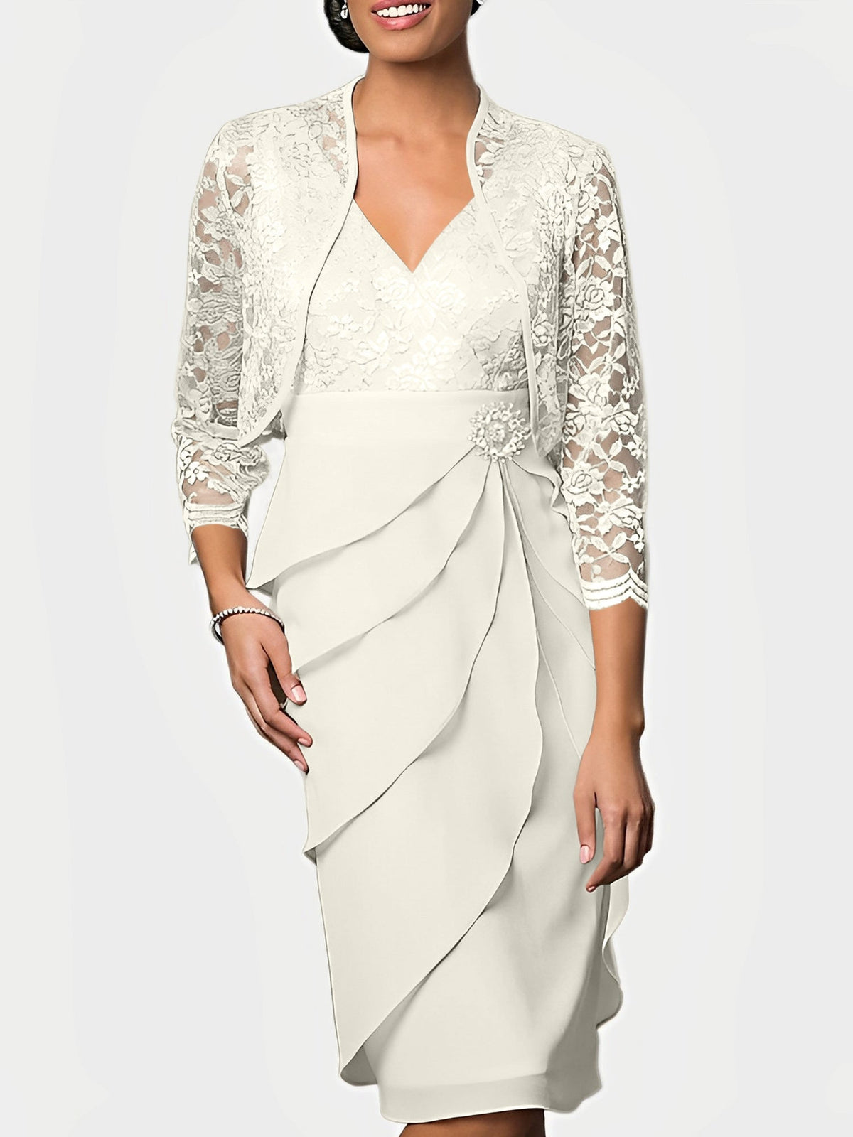 Knee Length V Neck Sheath Mother of the Bride Column Dress