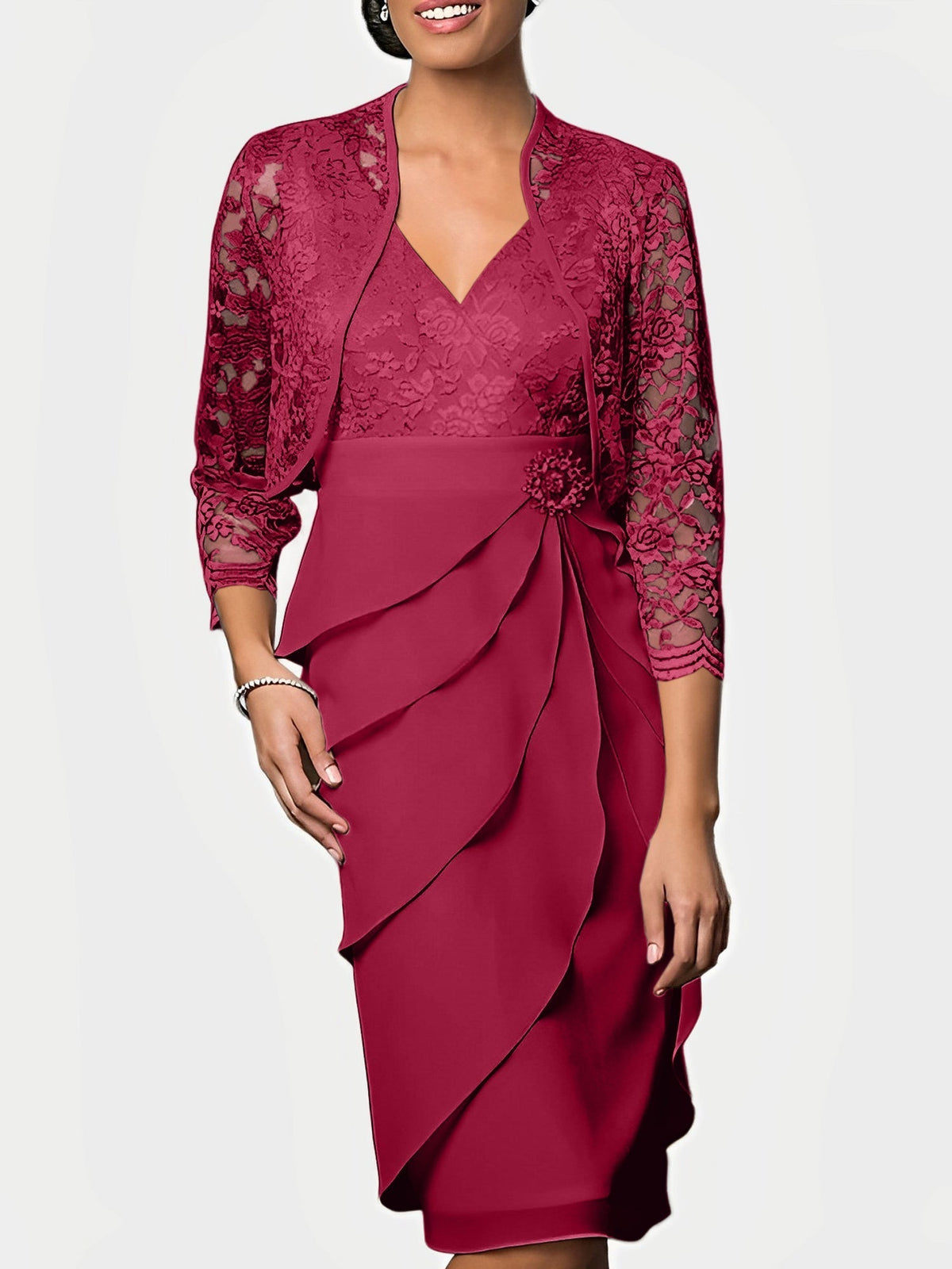 Knee Length V Neck Sheath Mother of the Bride Column Dress
