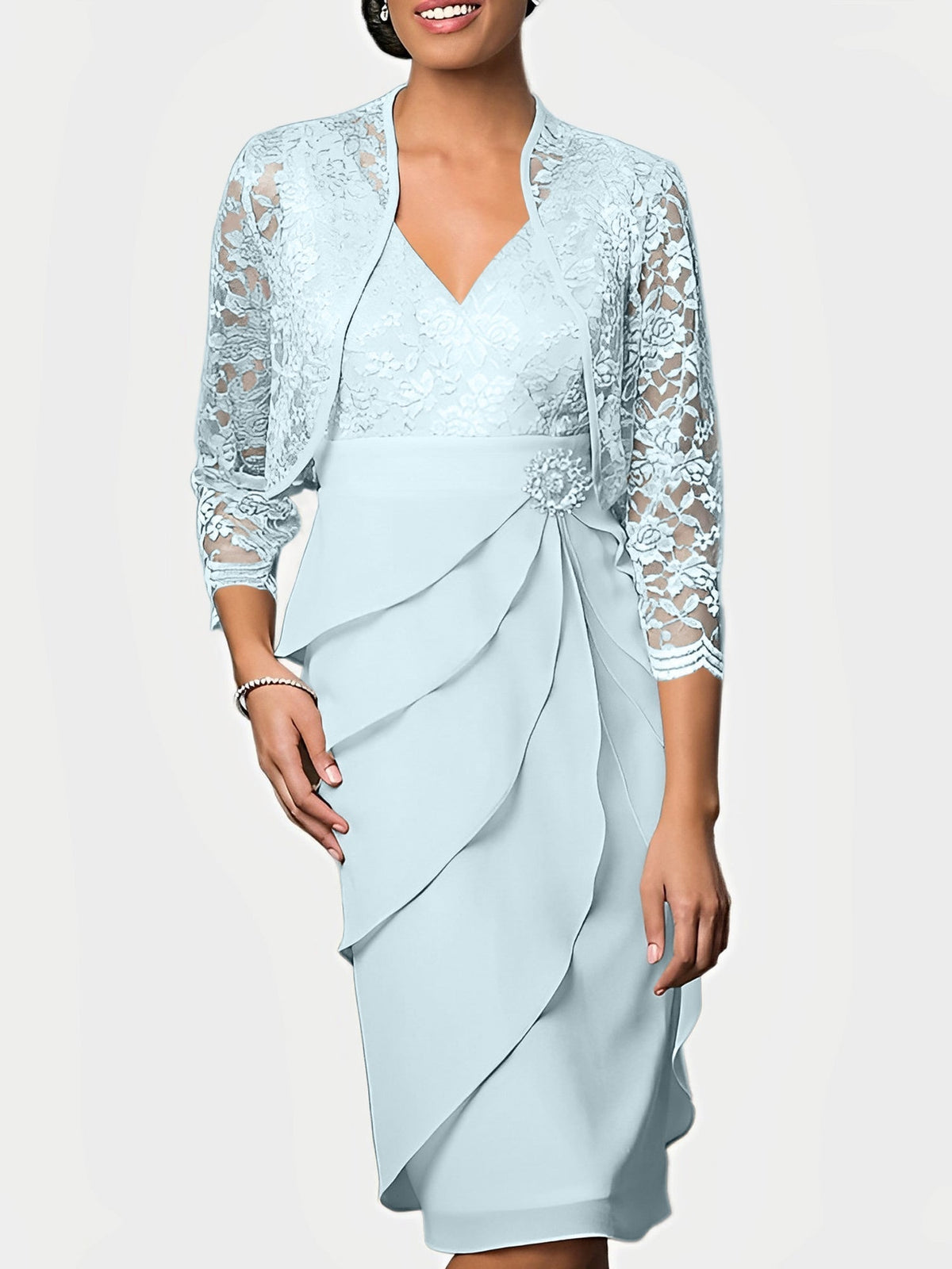 Knee Length V Neck Sheath Mother of the Bride Column Dress